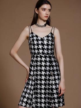 千鸟格双色亮片吊带连衣裙