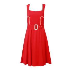 V型露背红色收腰大摆连衣裙