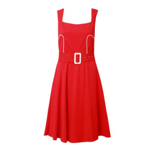 V型露背红色收腰大摆连衣裙 商品图0