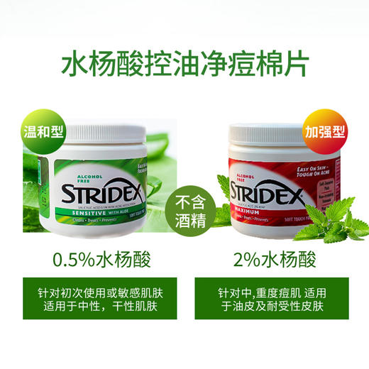 Stridex水杨酸清洁去豆棉片  绿色款温和型/红色款加强型 蓝色款进阶型 55片/盒 商品图1