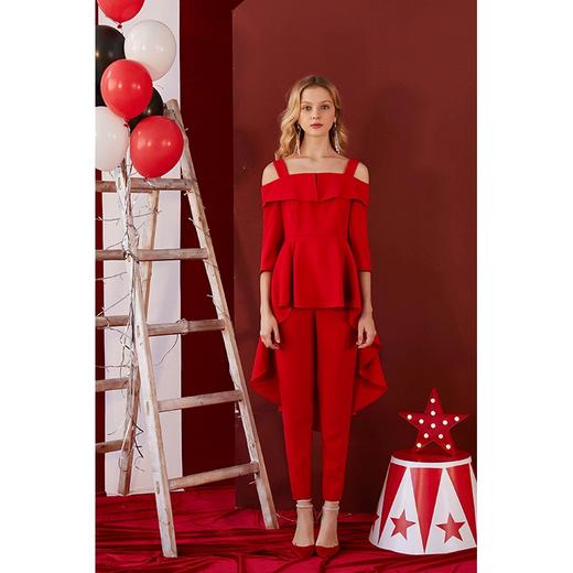 红色双口袋瘦腿裤 商品图1