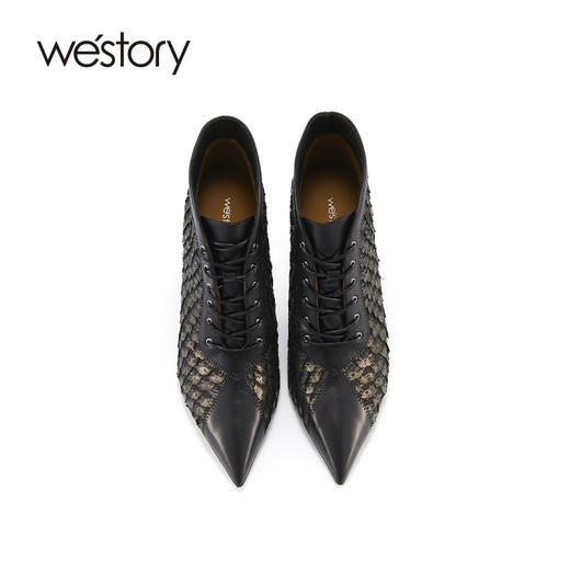 westory2021秋季新款细跟高跟短靴系带鱼鳞纹时装靴W21DS80901 商品图2