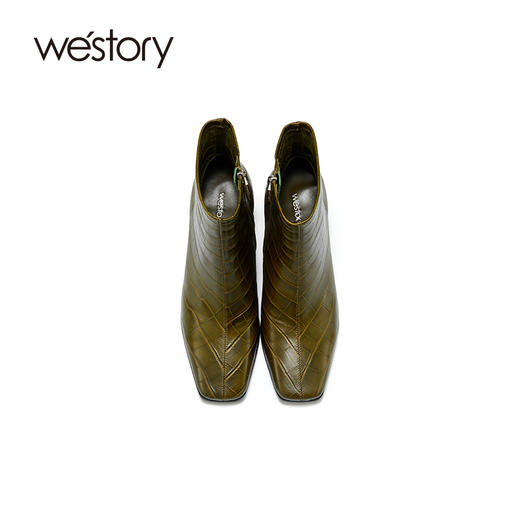 westory2021秋季新款方头粗跟短筒靴子时尚复古石纹W21DS80701 商品图4