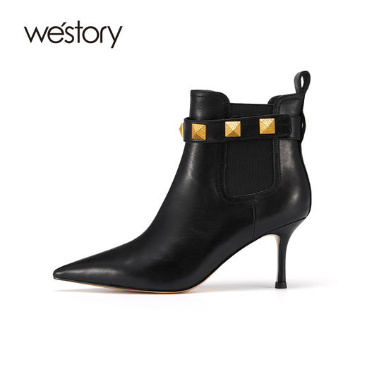 westory2021秋冬新款时装靴细跟尖头高跟短靴铆钉复古W21DS81061 商品图1