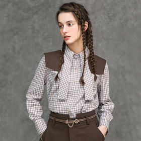 Famecoco范可儿法式百搭长袖格纹衬衫女蝴蝶结翻领衬衣F218BA001
