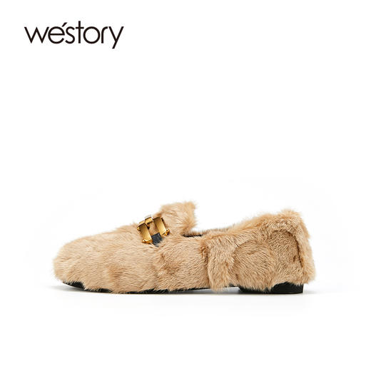 westory2021秋季新款水貂毛豆豆鞋金属扣式一脚蹬女鞋W21CM73751 商品图1