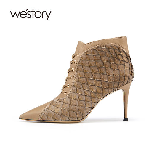 westory2021秋季新款细跟高跟短靴系带鱼鳞纹时装靴W21DS80901 商品图1