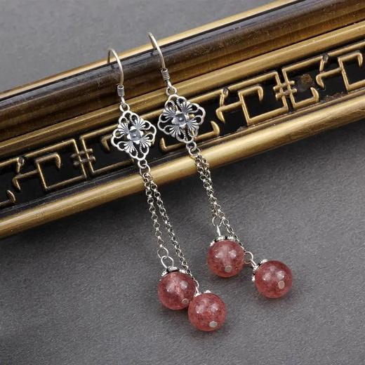 NMZ-80971 925银饰耳环复古民族风长款耳线天然草莓晶耳坠耳饰礼物 商品图2