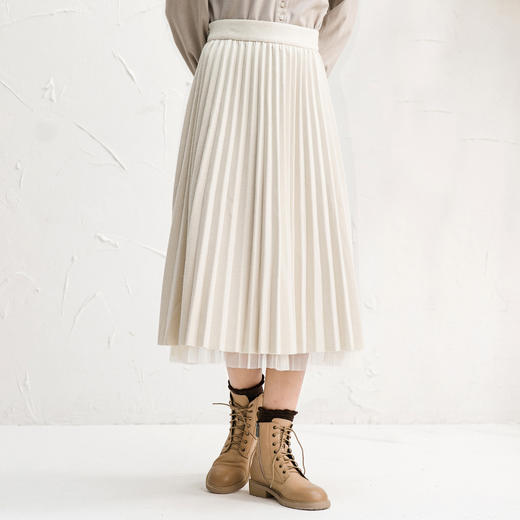 Famecoco范可儿纯色半身裙女秋冬季网纱拼接百褶裙F218HA004 商品图3