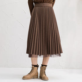 Famecoco范可儿纯色半身裙女秋冬季网纱拼接百褶裙F218HA004