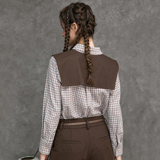 Famecoco范可儿法式百搭长袖格纹衬衫女蝴蝶结翻领衬衣F218BA001 商品图1