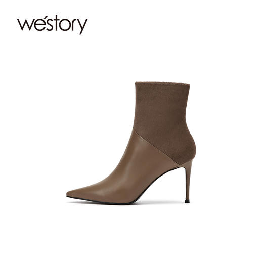 westory2021秋季新款拼接尖头高跟短靴细跟时尚复古W21DS80991 商品图1