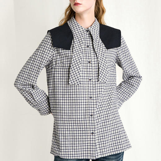 Famecoco范可儿法式百搭长袖格纹衬衫女蝴蝶结翻领衬衣F218BA001 商品图3