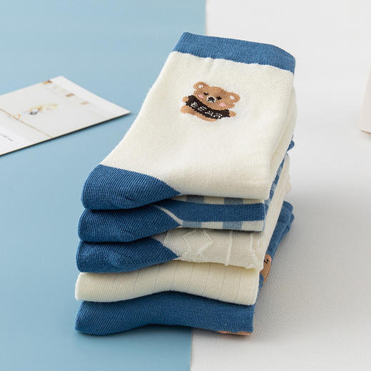 【5双装】秋冬新款袜子女士中筒袜蓝色小熊学院风长筒袜精梳棉日系潮流袜子 商品图2
