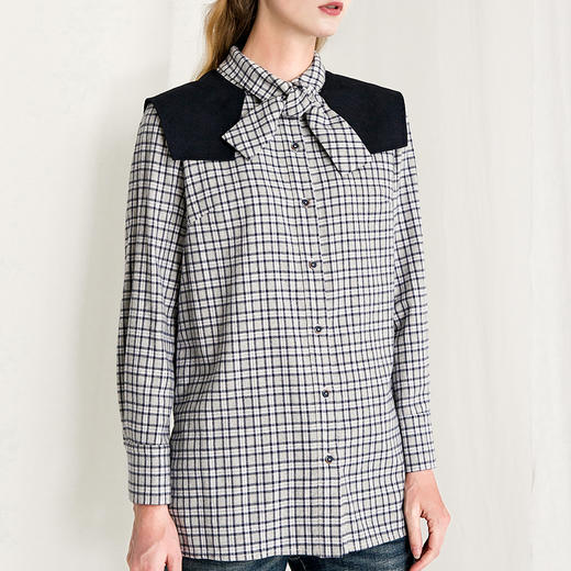 Famecoco范可儿法式百搭长袖格纹衬衫女蝴蝶结翻领衬衣F218BA001 商品图2