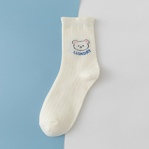 【5双装】秋冬新款袜子女士中筒袜蓝色小熊学院风长筒袜精梳棉日系潮流袜子 商品图9