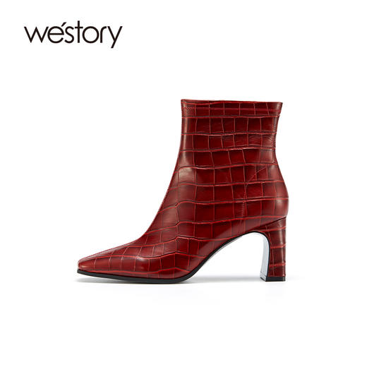 westory2021秋季新款方头粗跟短筒靴子时尚复古石纹W21DS80701 商品图3