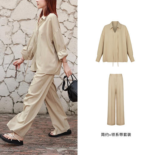 HIDEMI简约设计感v领系带套装 上衣/长裤 商品图4
