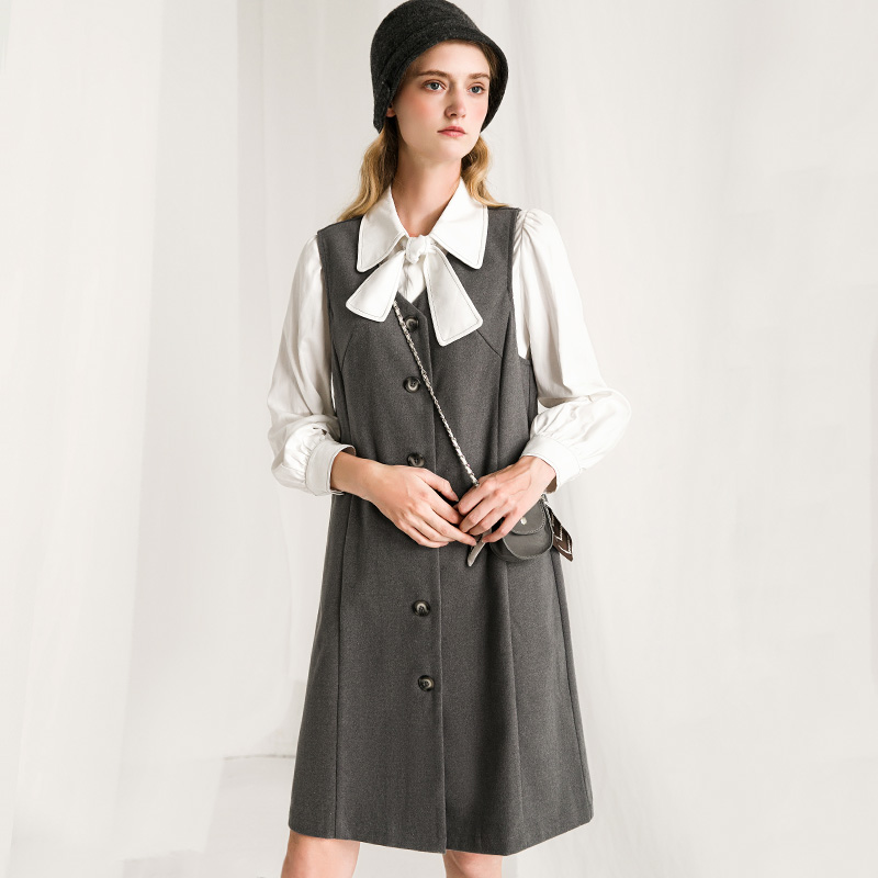 Famecoco范可儿小香风套装时尚休闲马甲衬衫两件套连衣裙F218EA010