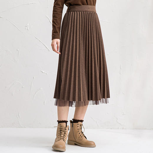 Famecoco范可儿纯色半身裙女秋冬季网纱拼接百褶裙F218HA004 商品图1