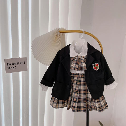女童格子短裙秋季套装21新韩版洋气宝宝jk学院风制服白衬衫三件套 商品图0