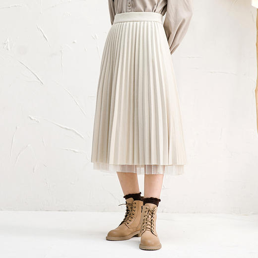 Famecoco范可儿纯色半身裙女秋冬季网纱拼接百褶裙F218HA004 商品图2