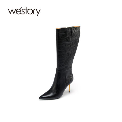 westory2021秋季新款欧美尖头高跟长靴鳄鱼纹时装靴W21DQ81101 商品图1