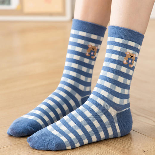 【5双装】秋冬新款袜子女士中筒袜蓝色小熊学院风长筒袜精梳棉日系潮流袜子 商品图1