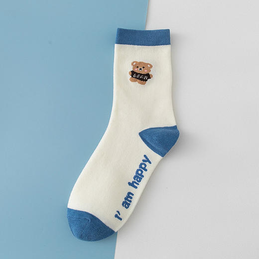 【5双装】秋冬新款袜子女士中筒袜蓝色小熊学院风长筒袜精梳棉日系潮流袜子 商品图8