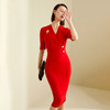 颈袖添香-连衣裙-“职场拼命红”系列 JG383063T1X5颈袖添香新款时尚气质V领修身包臀职场装五分袖连衣裙女 商品缩略图1