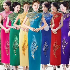 走秀旗袍高端舞台演出服优雅长款改良版中国风礼仪蓝色旗袍裙大码