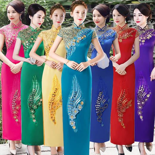 走秀旗袍高端舞台演出服优雅长款改良版中国风礼仪蓝色旗袍裙大码 商品图0