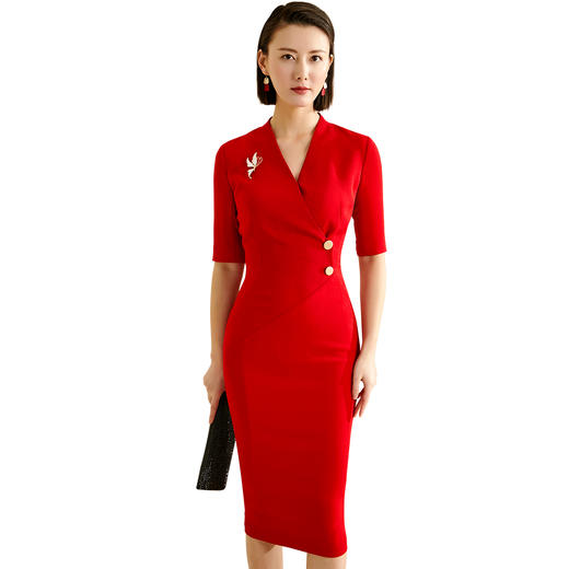颈袖添香-连衣裙-“职场拼命红”系列 JG383063T1X5颈袖添香新款时尚气质V领修身包臀职场装五分袖连衣裙女 商品图4