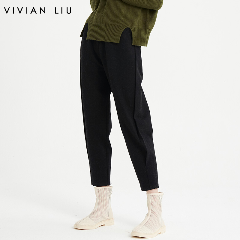 VIVIAN LIU D2157501 2021秋女装新款松紧腰哈伦休闲针织九分裤