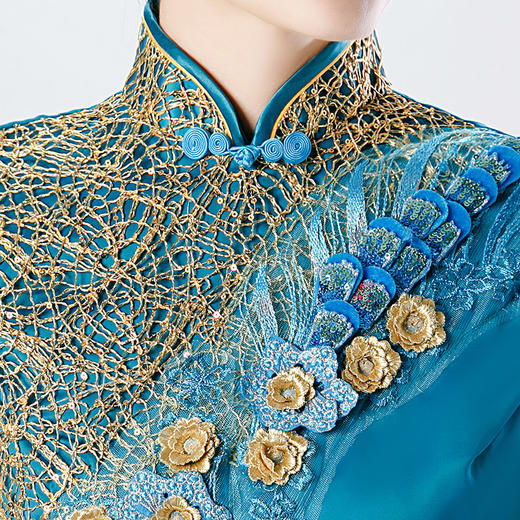 走秀旗袍高端舞台演出服优雅长款改良版中国风礼仪蓝色旗袍裙大码 商品图1