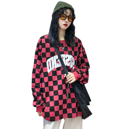 复古格子印花套头卫衣女秋bf慵懒风薄款情侣长袖上衣 商品图4