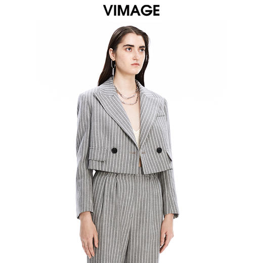 VIMAGE纬漫纪秋冬新款条纹修身女士西装短款外套V1603224 商品图2