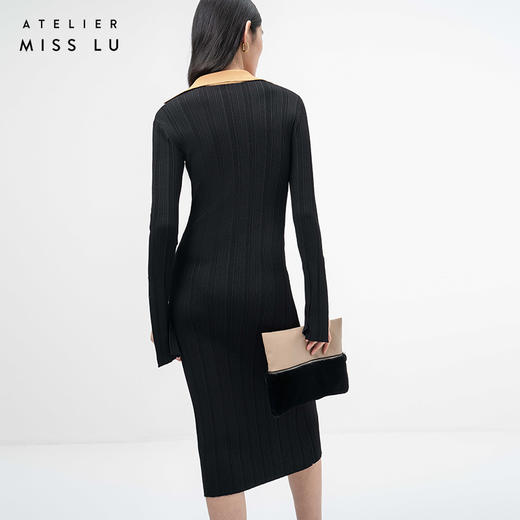 【焦糖拿铁】藤黄深黑撞色V领长袖针织连衣裙/202101A 商品图3