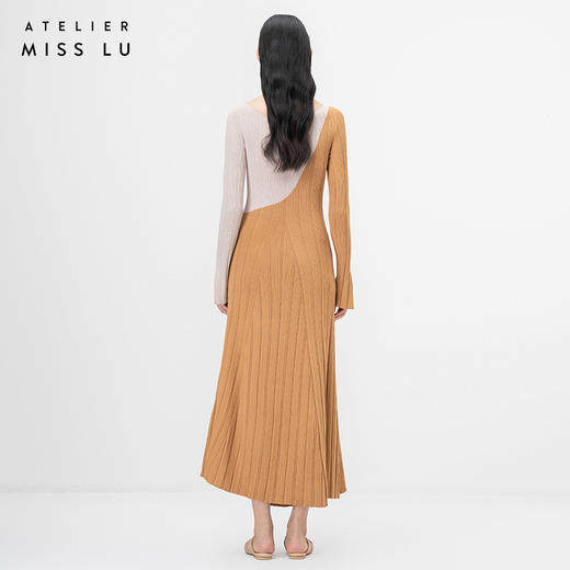 【圆半】流畅曲线藤黄拼色长袖针织大摆连衣裙/202104A 商品图3