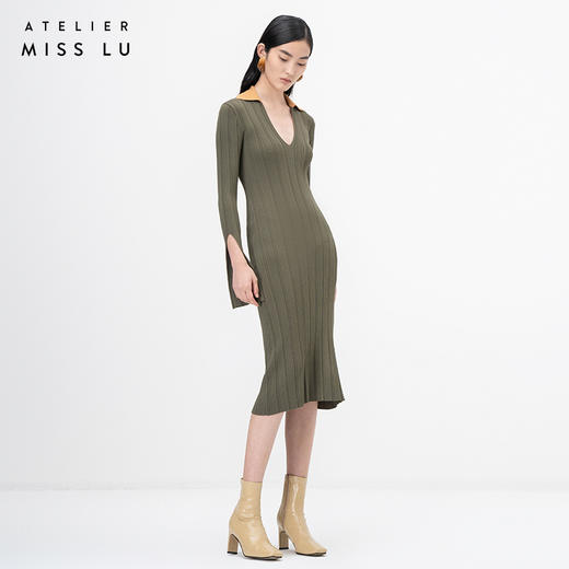 【榛果抹茶】藤黄松绿撞色V领长袖针织连衣裙/202101 商品图1