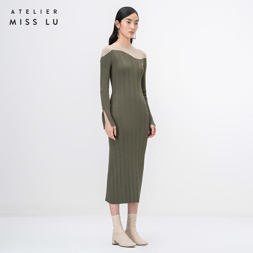 【曲线图鉴】流畅曲线松绿拼色长袖针织连衣裙/202103 商品图2