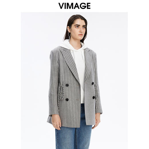 VIMAGE纬漫纪秋冬新款条纹修身休闲女士西装双排扣外套V1603223 商品图2