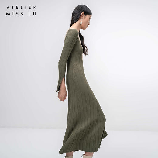 【圆半】流畅曲线松绿拼色长袖针织大摆连衣裙/202104 商品图1