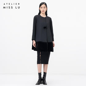 【摩根墨恋】仿兔毛下摆拼接黑色廓形造型外套/0000768