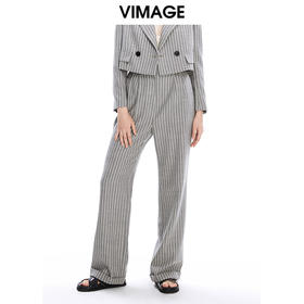 VIMAGE纬漫纪秋冬新款女装直筒宽松修身西服裤子立体条纹长裤V1605225