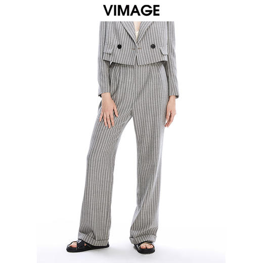 VIMAGE纬漫纪秋冬新款女装直筒宽松修身西服裤子立体条纹长裤V1605225 商品图0
