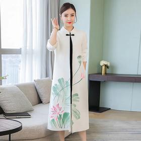 HT-XYX8151新款复古优雅气质修身立领盘扣长袖中长款手绘印花外套