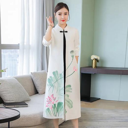 HT-XYX8151新款复古优雅气质修身立领盘扣长袖中长款手绘印花外套 商品图0