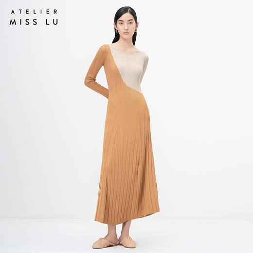 【圆半】流畅曲线藤黄拼色长袖针织大摆连衣裙/202104A 商品图0