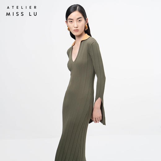 【榛果抹茶】藤黄松绿撞色V领长袖针织连衣裙/202101 商品图2